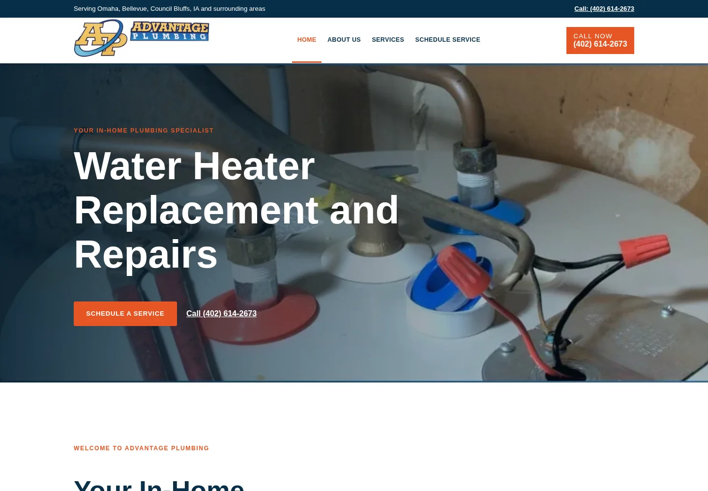Advantage Plumbing homepage for residential plumbing services in the Omaha area