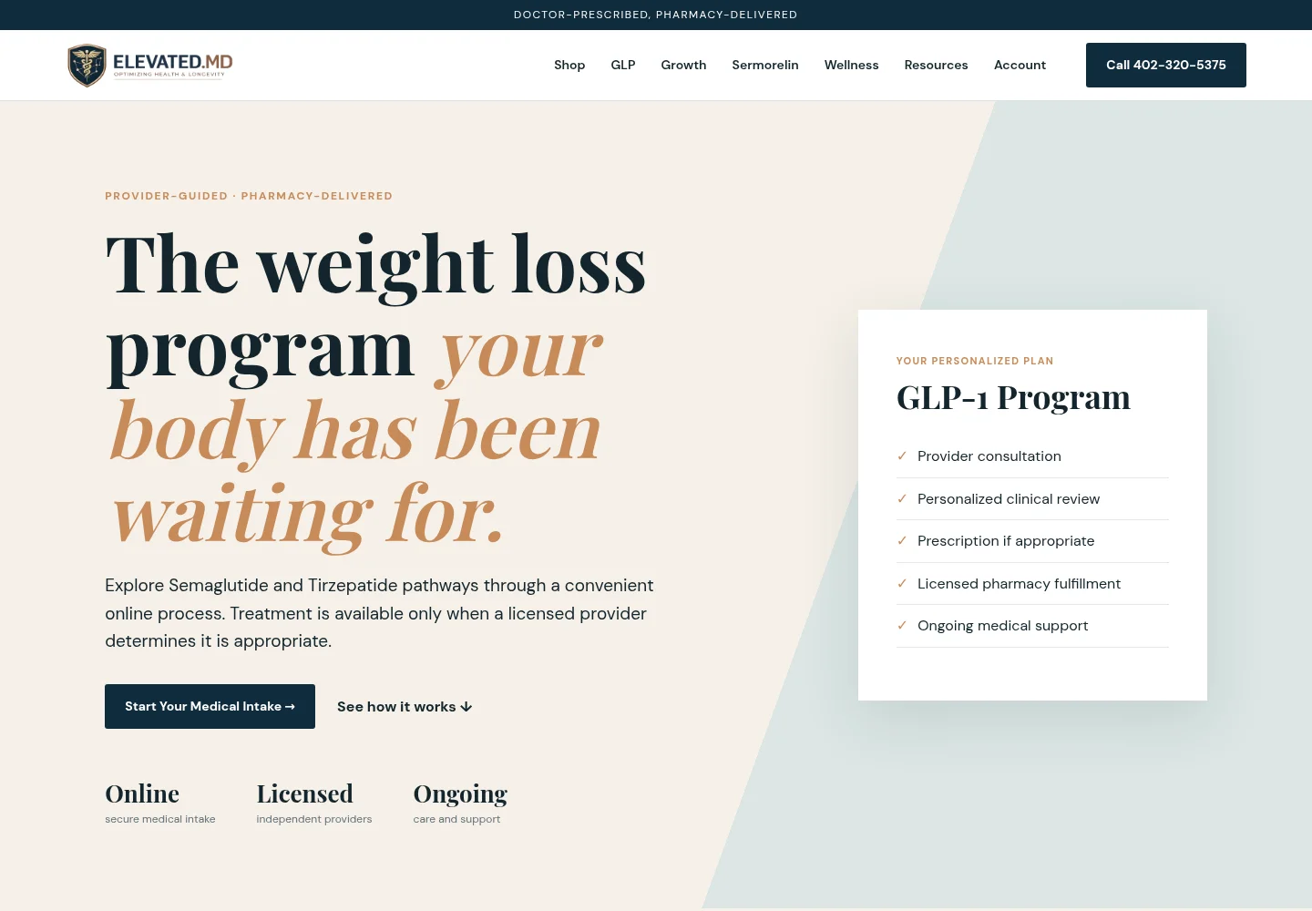 Elevated.md homepage featuring its weight loss program and online medical intake