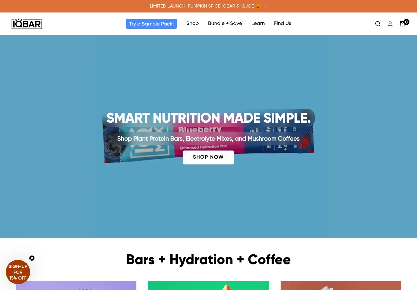 IQBAR ecommerce homepage for plant protein bars and hydration mixes