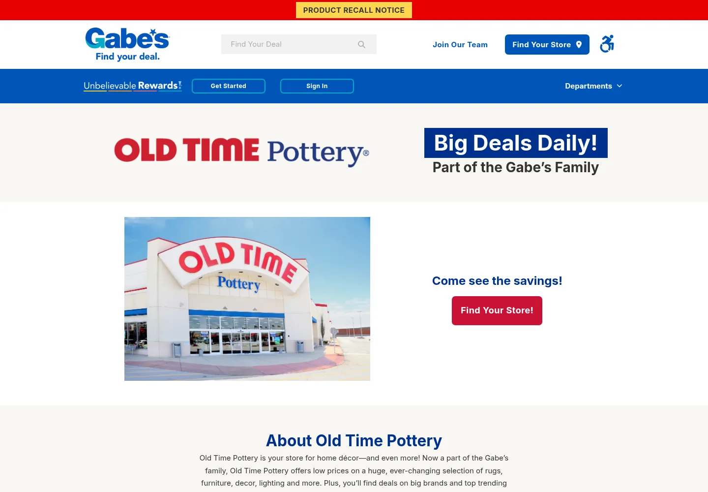 Old Time Pottery homepage preview — gabesstores.com/oldtimepottery/